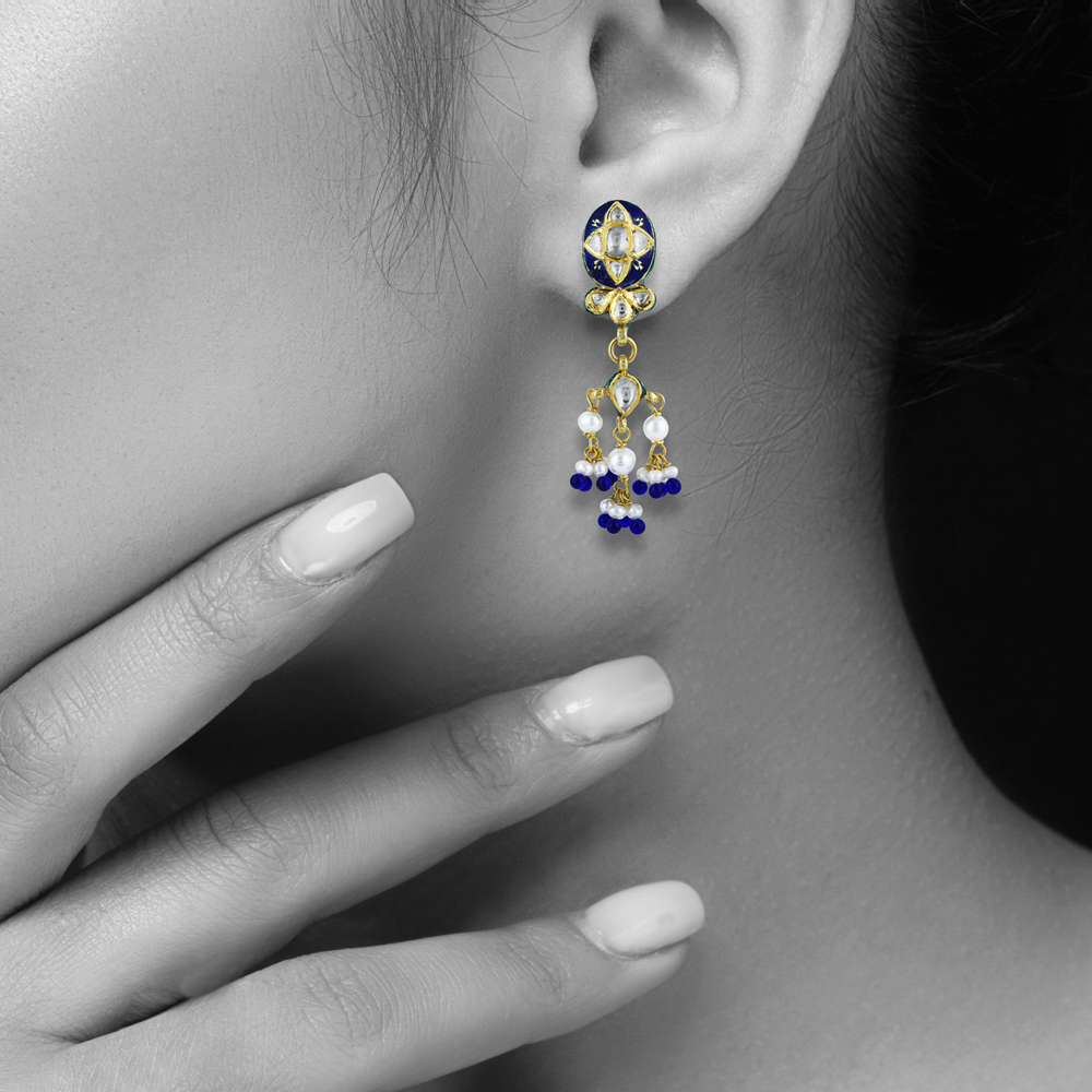 Polki Earrings with Blue Enamel, Pearl, and Blue Bead Drops
